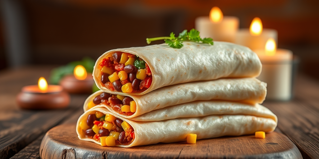 A stack of freshly made burritos filled with beans, corn, and colorful vegetables, placed on a rustic wooden table with a warm, soft glow from candles in the background, captured with a DSLR camera at f/2.8 aperture, ISO 200, 50mm lens, and natural lighting for enhanced vibrancy and detail.