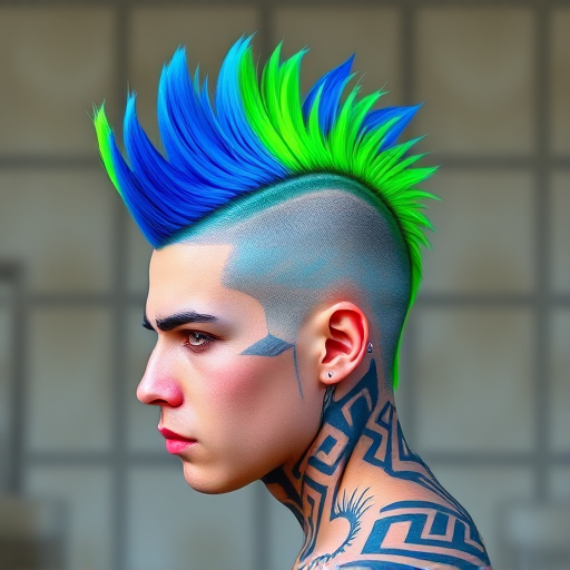 Edgy Neon Mohawk combining vibrant lime green and electric blue in a bold spiked mohawk style with shaved sides featuring intricate geometric patterns