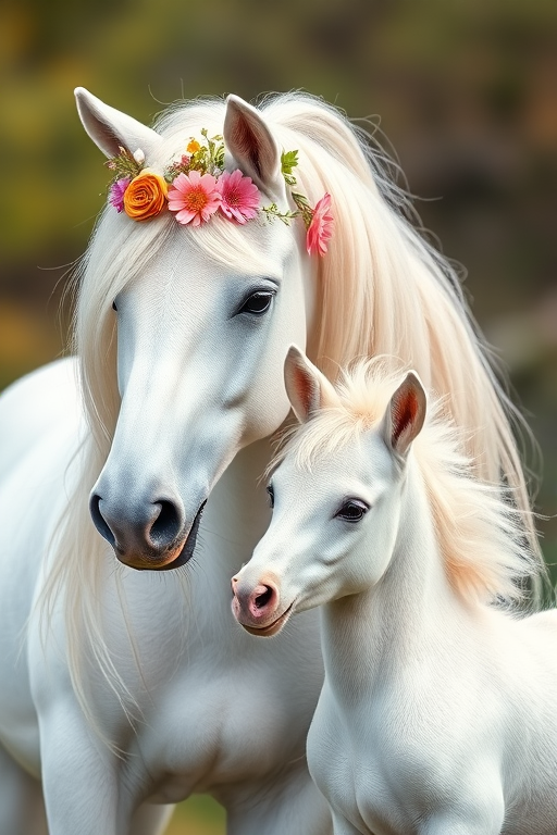 Create a high-resolution image of a majestic white unicorn standing next to a playful young unicorn, with intricate floral decorations in their manes, shot with a DSLR camera at f/2.8 aperture, ISO 100, and a focal length of 50mm, using a soft focus style and natural lighting.