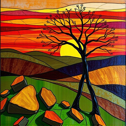 A vibrant abstract painting on Tiffany Glass, blending acrylic and alcohol ink techniques, captures a dramatic sunset over rolling hills. The artwork features a textured, rocky foreground in green and brown, layered abstract hills, and a striking sunset in rich oranges, yellows, and reds. A solitary black tree with intricate branches contrasts against the fiery sky, creating a dynamic and expressive portrayal of a breathtaking natural scene.