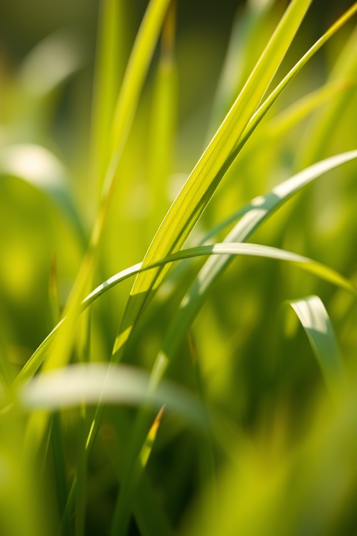 high-quality close-up of soft green grass blades swaying in the wind, shallow depth of field, macro lens, f/2.8 aperture, ISO 100, 50mm lens, natural light, vibrant colors, ethereal atmosphere