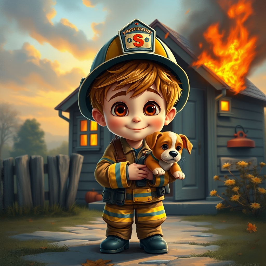airbrushed oil painting, pixar style, cute little boy in fireman gear, helmet, tousled hair, expressive eyes, standing in the doorstep of a cottage burning behind him, holding a cute little dog in his arm, atumn sky