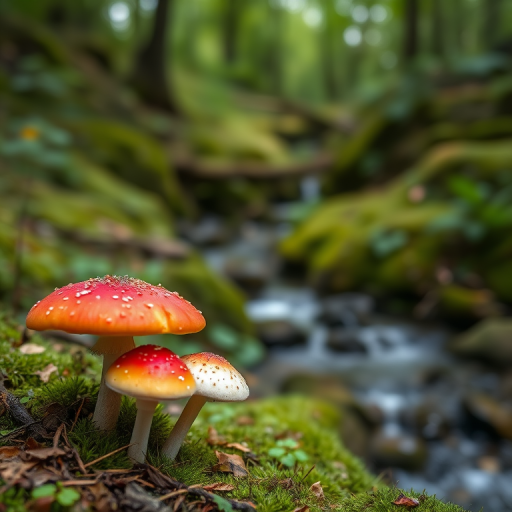 mushroom in a lush forest with a serene stream in the background, focus on vibrant red and white mushrooms, soft natural lighting, f-stop 2.8, ISO 100, shutter speed 1/60s, macro lens, DSLR camera, depth of field for a dreamy effect