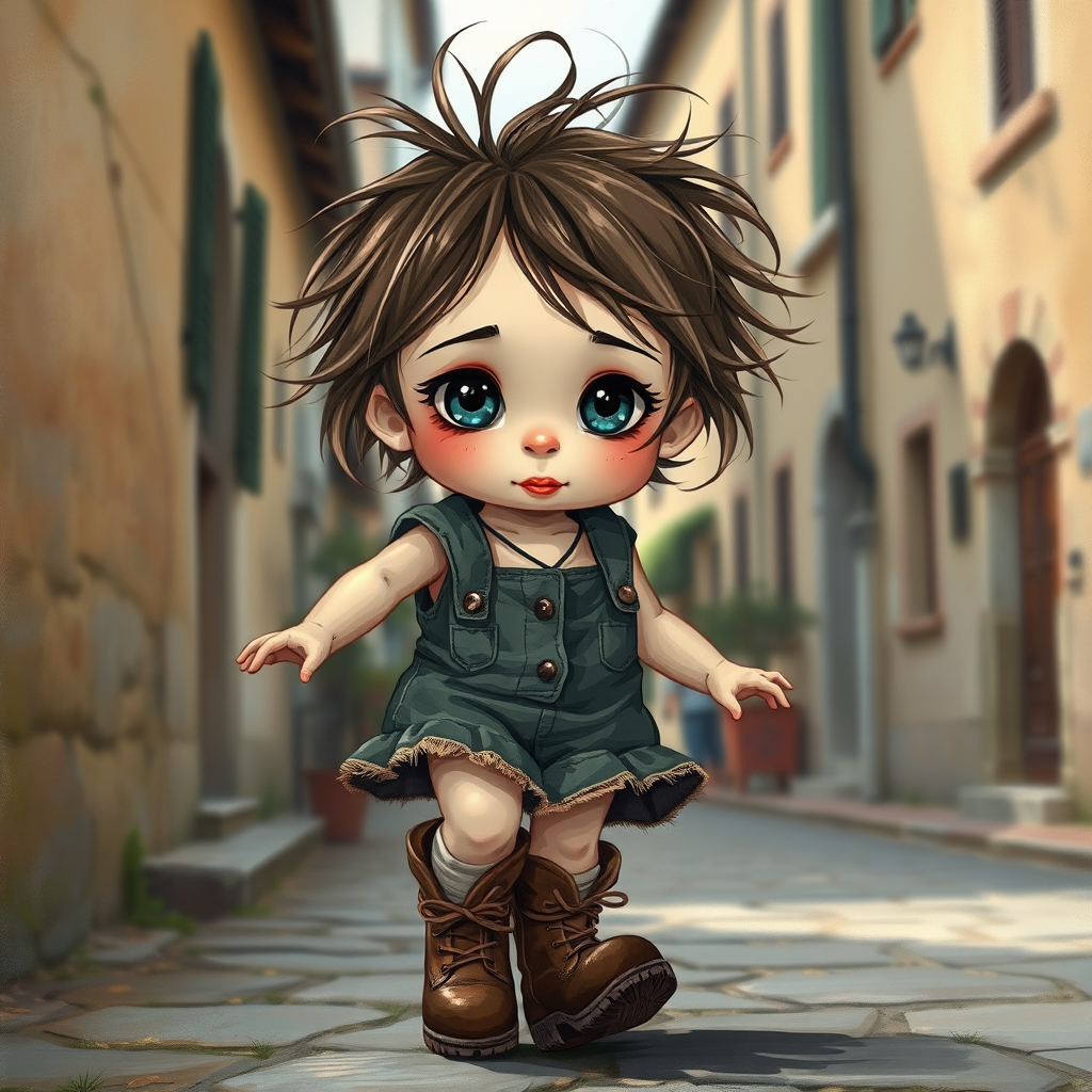 Whimsical little 3-year-old girl wearing scruffy tomboy clothes, boots, messy hair heavily blushed cheeks, pink lips, closely dancing in the street of an Italian village,Textured painterly fantasy artistic mixed media