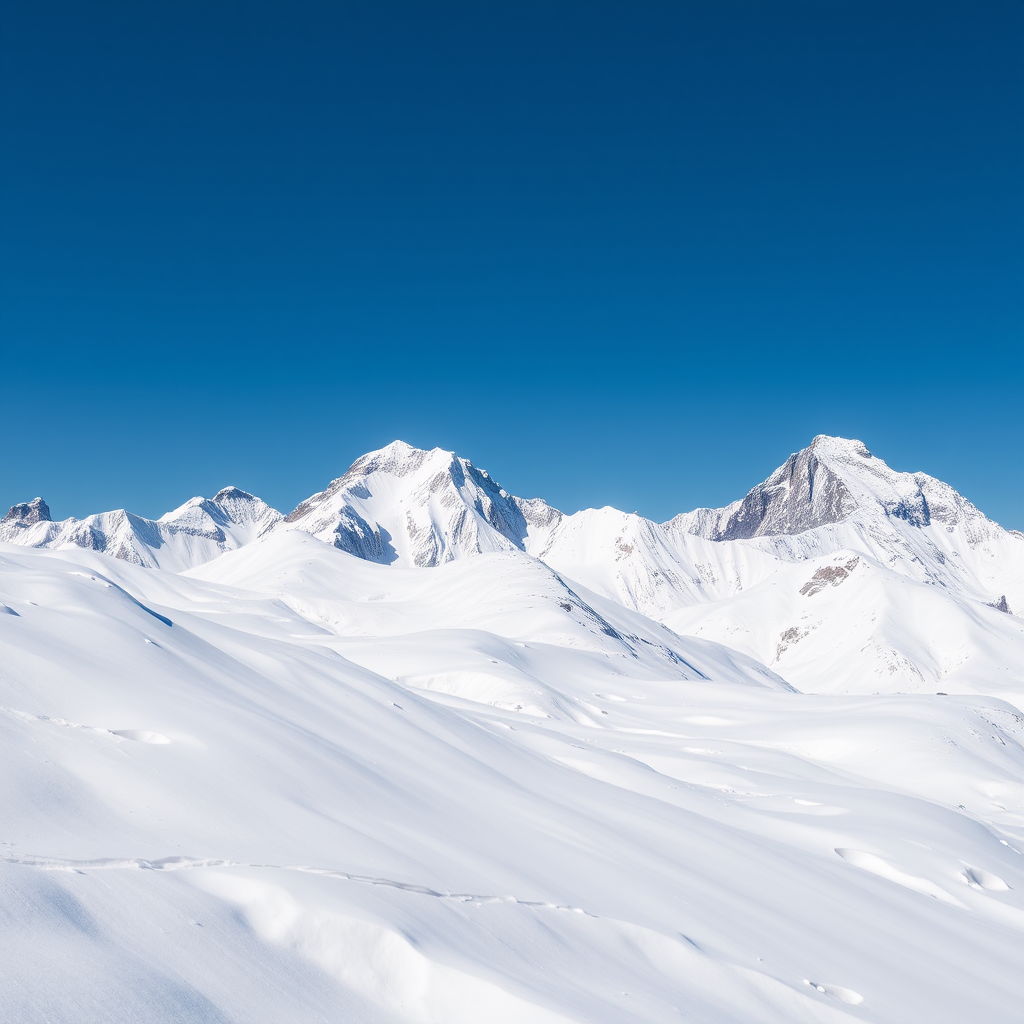 High-resolution shot of snowy mountain peaks under a clear blue sky, taken with a DSLR camera at f/8 aperture, ISO 100, 1/200 sec shutter speed, using a telephoto lens from a low angle for depth and clarity.