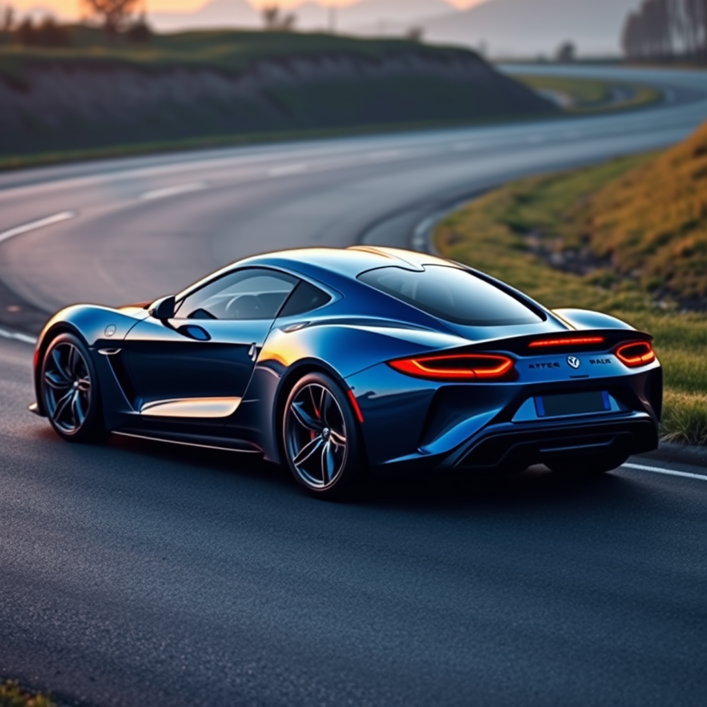 Generate an image of a luxury sports car parked on the side of a road during what appears to be dawn or dusk, given the soft light and shadows. The car should have a sleek design with aerodynamic features, a low-profile stance, and large, alloy wheels. It should display a contemporary color scheme, possibly a unique shade of blue that matches well with the ambient light in the setting. The vehicle's bodywork should gleam, reflecting the surrounding environment, and it should have distinctive lighting accents that enhance its sporty appearance. In the background, there should be a roadside with a grassy embankment on one side and possibly some trees or shrubbery along the edge of the pavement. The overall mood of the image should convey a sense of luxury, speed, and the tranquility of an early morning or late evening drive.