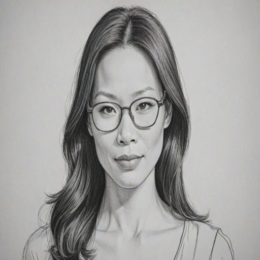 Resplendent Lucy Liu, pencil sketch, portrait of Attractive woman 1972s in glasses, hair style beatnik, outline, clear lines, fine lines, 8k