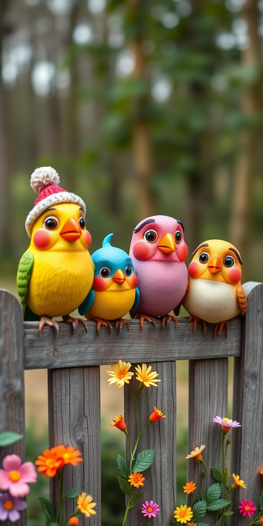 create a scene of 4 quirky  whimsical colourful comical birds each with a funny expression. they are sat on a wooden fence with colourful flowers. they are all different sizes. each one is a different colour  one is wearing a woolly hat. Each one has a different quirky google expression and there is a muted background of trees watercolour paintierly style high definition 8k resolution 3D paper mache