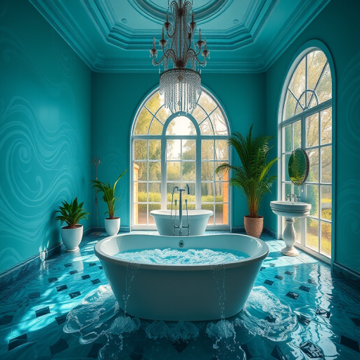 a luxurious bathroom scene featuring a freestanding bathtub surrounded by cascading water, vibrant teal walls with a swirling design, elegant chandelier overhead, large arched windows letting in natural light, lush greenery, high dynamic range, f/2.8 aperture, ISO 100, 24mm lens, soft focus for a dreamy effect, captured with a DSLR camera in a wide-angle view