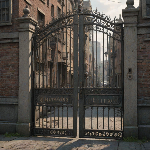 A city scene, no humans, with a closed gate, gate_prop