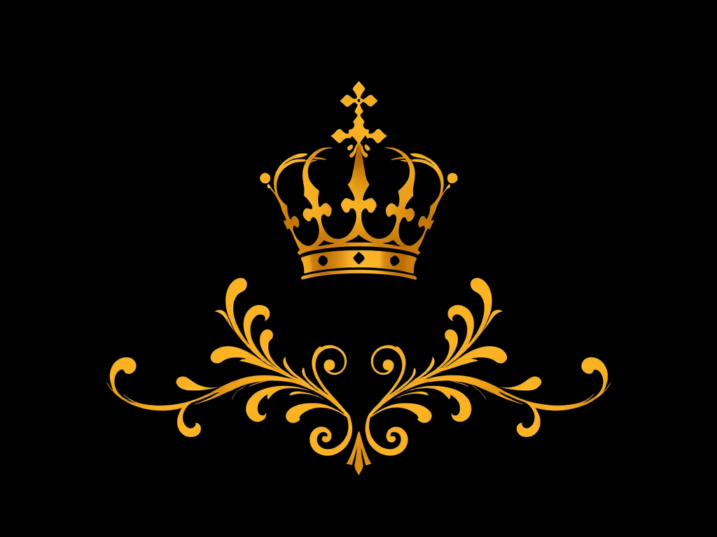 Create a high-resolution digital illustration of decorative golden flourishes with a crown at the center, using a Canon EOS R5 with a 50mm f/1.2 lens, at f/2.8, ISO 100, and a soft focus style on a black background.