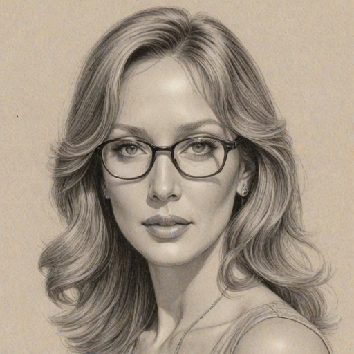 Exquisite Tanya Roberts, pencil sketch, portrait of Elegant woman 1937s in glasses, hair style beatnik, outline, clear lines, fine lines, 8k