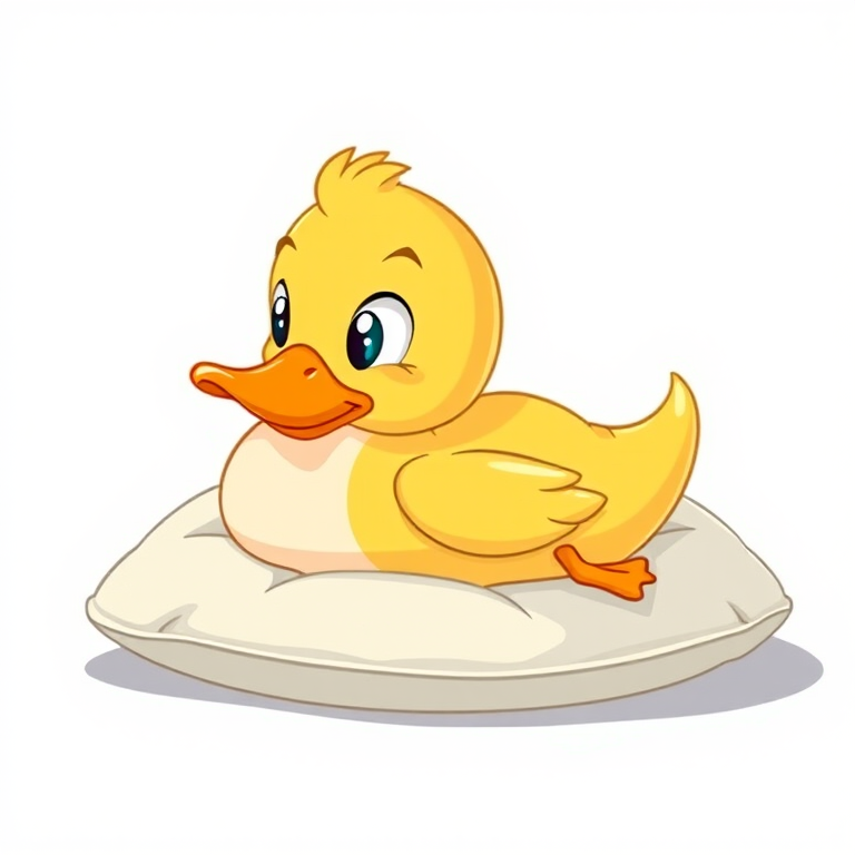 A cartoon duck lying on its back on a pillow with a simple, clean white background
