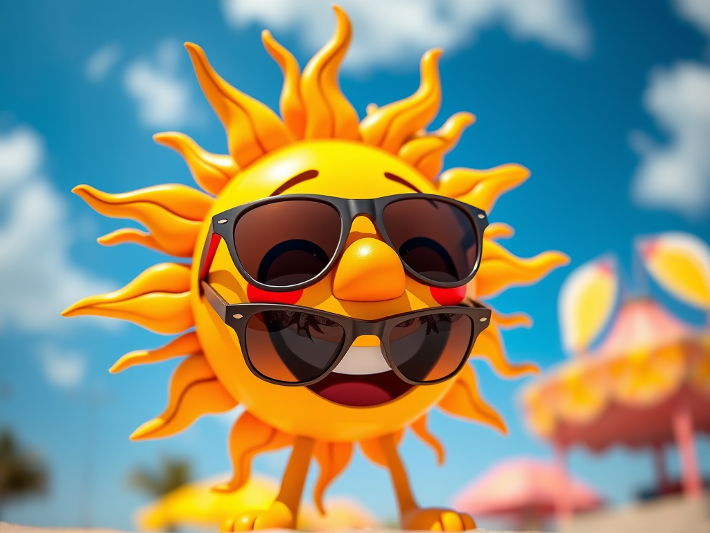 Create a vibrant cartoon sun character wearing sunglasses, with a cheerful expression, high-resolution, shot with a Canon EOS R5, aperture f/2.8, ISO 100, 50mm lens, eye-level view, bright and colorful style.