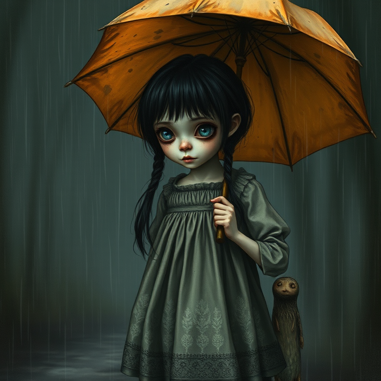 An eerie, weird little girl with dark hair in thin pigtails, wearing a smock dress, standing in the rain, holding a dirty orange umbrella, a small, odd creature beside her. In a surreal style inspired by Nicoletta Ceccoli and Brian Froud. Dark fantasy themes