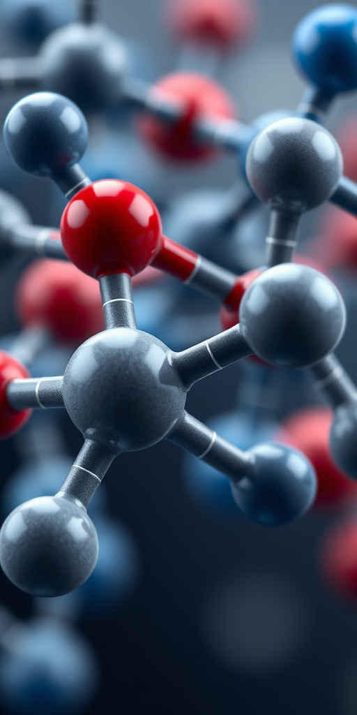 Render a 3D molecular structure of a compound with blue, red, and gray spheres representing atoms, using a macro lens with an aperture of f/8, ISO 100, and a shallow depth of field on a digital SLR camera for enhanced clarity and detail.