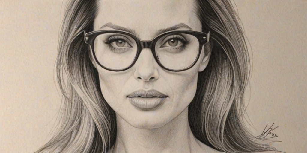 Superb Angelina Jolie, pencil sketch, portrait of Delightful woman 1976s in glasses, hair style beatnik, outline, clear lines, fine lines, 8k