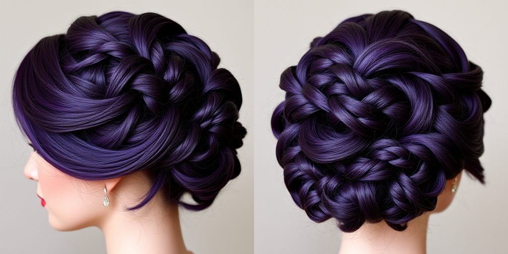Regal deep purple updo named "Amethyst Crown" featuring intricate braided details, jewel-toned highlights woven throughout, soft tendrils framing face, ornate pinned curls at nape, majestic and elegant style