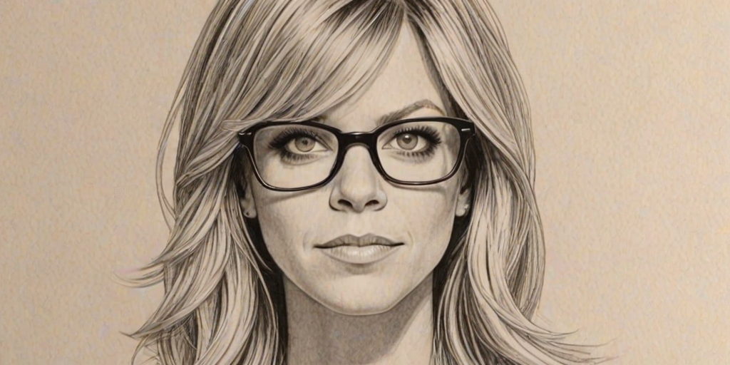 Ravishing Kaitlin Olson, pencil sketch, portrait of Attractive woman 1977s in glasses, hair style beatnik, outline, clear lines, fine lines, 8k