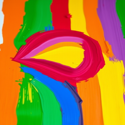 Create a vibrant rainbow flag painted with bold brush strokes, taken with a DSLR camera at f/2.8 aperture, ISO 100, 50mm lens, natural light, shallow depth of field, and a top-down view.