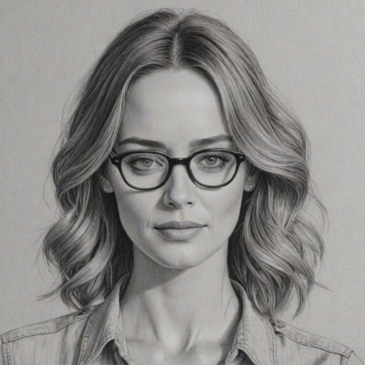 Delightful Emily Blunt, pencil sketch, portrait of Gorgeous woman 1975s in glasses, hair style beatnik, outline, clear lines, fine lines, 8k