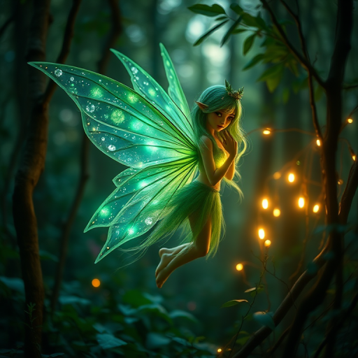fantasy forest scene featuring a mystical fairy with green hair and shimmering wings, illuminated with soft, ethereal lights, taken with a Canon EOS R5, 50mm lens, f/1.4 aperture, ISO 200, at dusk for enhanced depth and color vibrancy