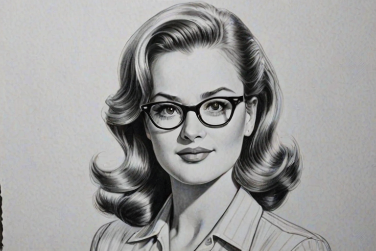 Attractive Kelsey Grammer, pencil sketch, portrait of Attractive woman 1940s in glasses, hair style beatnik, outline, clear lines, fine lines, 8k