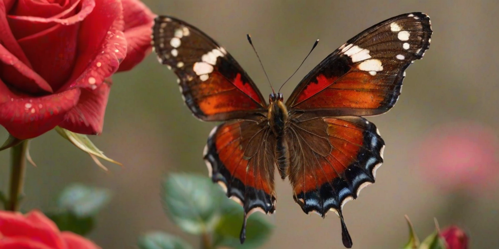 Sharp, detailed close-up of a butterfly landing on a vibrant red rose, soft light reflecting off its wings, tiny details of the petals visible, and the feeling of delicate beauty.