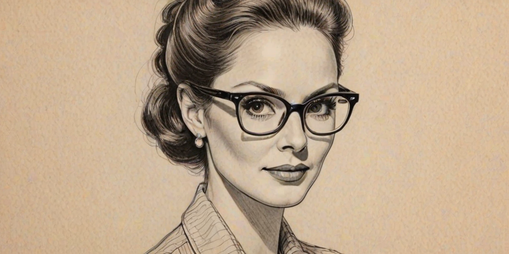 Stunning Lesley Ann Warren, pencil sketch, portrait of Charming woman 1944s in glasses, hair style beatnik, outline, clear lines, fine lines, 8k