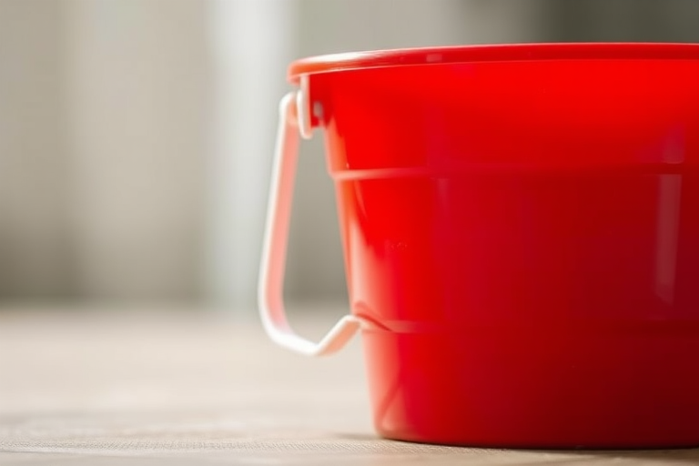 a vibrant red bucket with a white handle, captured in a close-up shot with a shallow depth of field, ISO 200, aperture f/2.8, 50mm lens, natural light, high contrast, vector style illustration