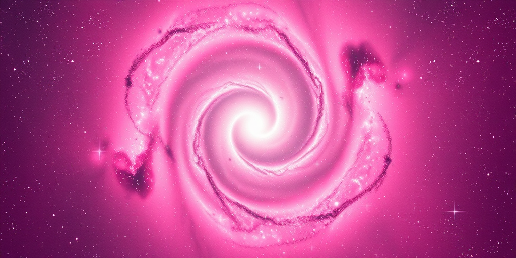 generate a dreamy spiral galaxy with a bright pink background filled with sparkling stars, soft focus, 50mm lens, f/1.8 aperture, ISO 200, long exposure of 15 seconds, taken with a DSLR camera from a slightly elevated angle