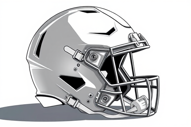 Create a highly detailed illustration of an American football helmet from a side view, using strong lines and shading to enhance depth, captured with a DSLR camera at f/2.8, 50mm lens, ISO 100, natural lighting to emphasize texture and contours.