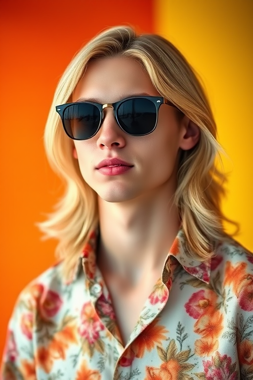 portrait of a young man with long blonde hair wearing a floral shirt and sunglasses, vibrant orange and yellow background, soft lighting, 35mm lens, f/2.8 aperture, ISO 100, natural light style, shallow depth of field