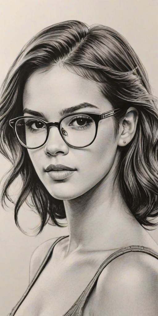 Alluring Bruna Marquezine, pencil sketch, portrait of Lovely woman 1942s in glasses, hair style beatnik, outline, clear lines, fine lines, 8k