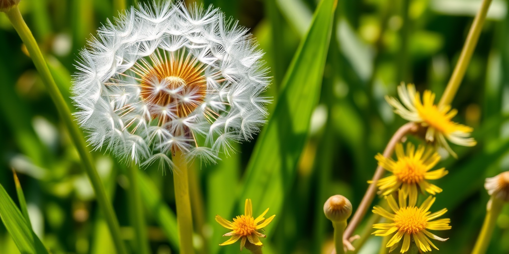 Detailed illustration of a dandelion plant with leaves and flowers, bright natural lighting, macro lens, f/2.8 aperture, 100mm focal length, iso 100, DSLR camera, high resolution, clear focus on details and textures.
