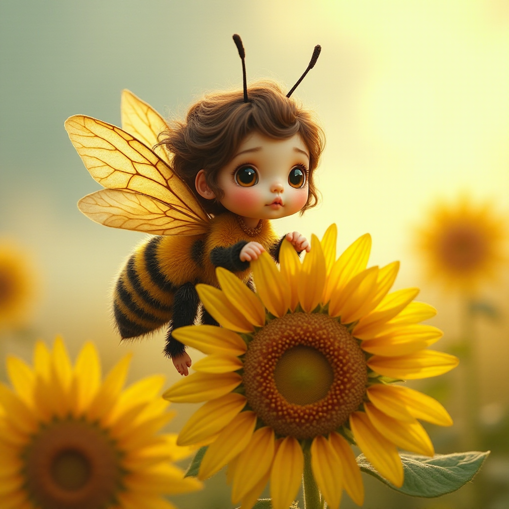 a whimsical cute girl with big eyes, big hair and flowing dress, riding astride a bumble bee, and flying across the top of the sunflower, which are just waking up, and catching dew drop of rain