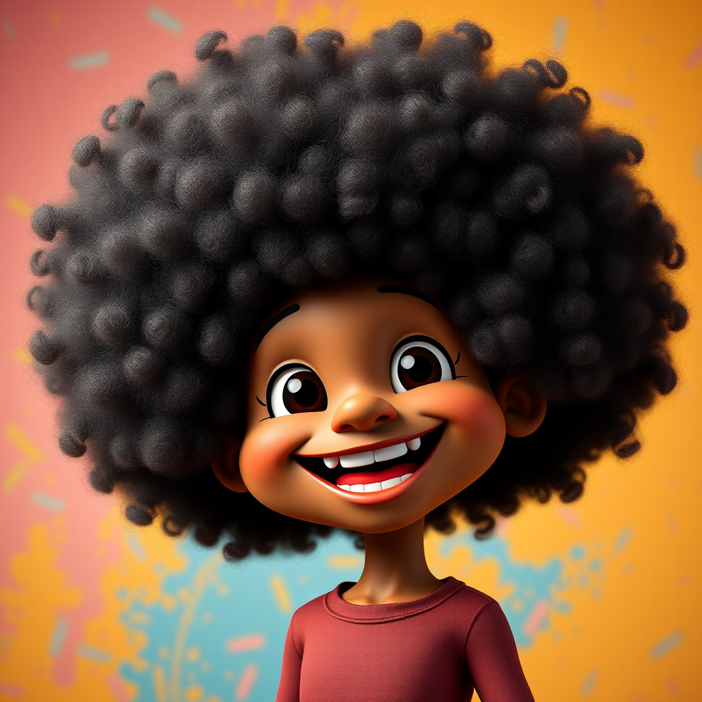 generate a high-resolution cartoon character with a large, curly afro hairstyle and a big smile, set against a vibrant background, using a Canon EOS R5 camera, 50mm lens, f/1.8 aperture, ISO 200, 1/100s shutter speed, portrait mode, enhance colors and sharpness