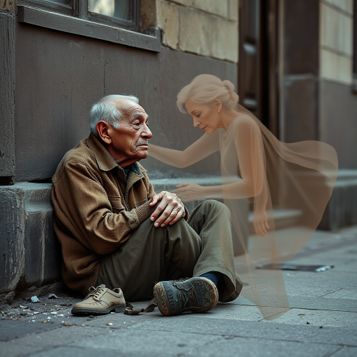 beautifully weathered old homeless veteran sitting on the ground slumping against the wall of a building with his eyes closed. there is an Ethereal, translucent figure of a beautiful elderly woman comforting him