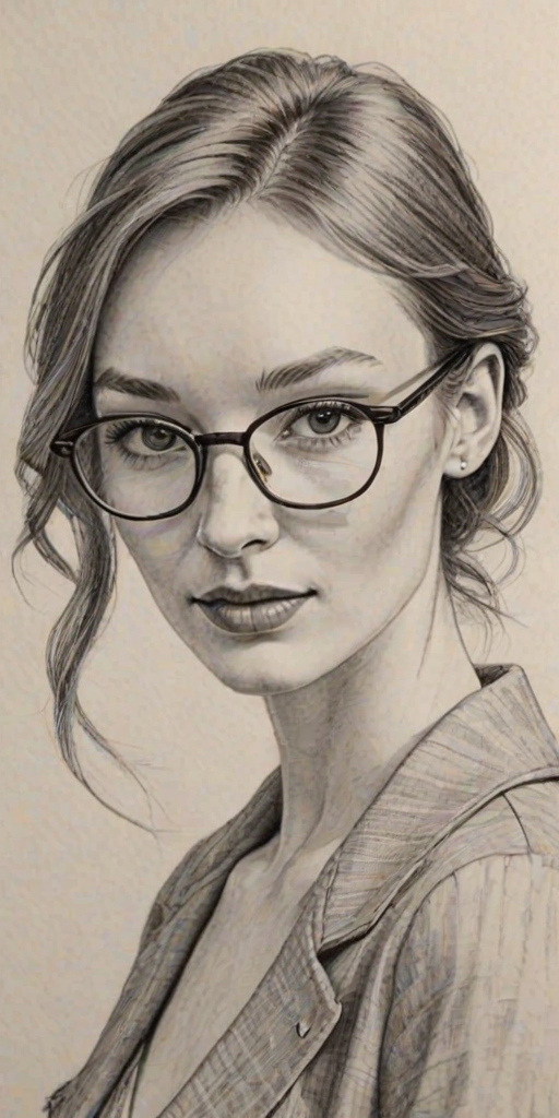 Dazzling Eleanor Tomlinson, pencil sketch, portrait of Charming woman 1975s in glasses, hair style beatnik, outline, clear lines, fine lines, 8k
