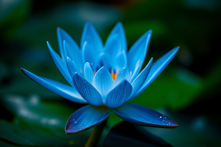 Close-up of a luminous blue water lily with dew drops on petals, surrounded by dark green lily pads, soft bokeh effect in the background, shot with a Canon EOS R5, 85mm f/1.2 lens, aperture f/2.8, ISO 200, shutter speed 1/200 sec, in natural light for enhanced detail and clarity.
