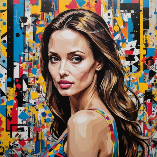 A vibrant artwork blending bohemian style with edgy street art, featuring a young angelina jolie. The design mixes vibrant colors with the modern Disney-inspired style, echoing Roy Lichtenstein's pop art. The overall mood is optimistic and trendy, with elements of Johannes Vermeer’s classic elegance, combined with the geometric abstraction of crystal cubism. add Stockholm silhouette