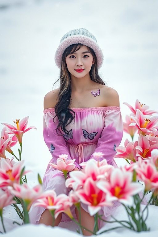 This image shows a young korean woman seated in a surreal, snowy landscape surrounded by vibrant pink and white lilies. She wears an off-shoulder pink and purple tie-dye dress with butterfly motifs, paired with a fluffy winter hat. Her dark wavy hair has lighter tips, complementing the dreamy, ethereal vibe of the scene. Snowflakes fall gently around her, contrasting with the blooming flowers, creating a magical blend of winter and spring
