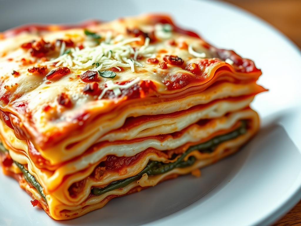Generate a high-resolution illustration of a slice of lasagna with detailed layers and toppings, using a Canon EOS 5D Mark IV, f/2.8 aperture, 50mm lens, natural light, macro view to enhance texture and detail.