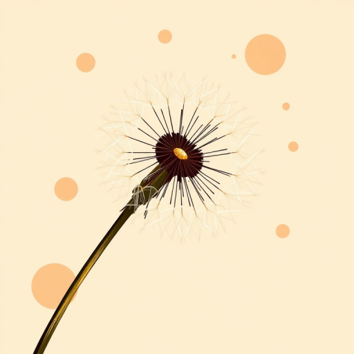 Create an artistic illustration of a dandelion with delicate black line details on a soft beige background, including abstract circles in warm tones, shot with a DSLR camera at f/2.8 aperture, 35mm lens, 1/100s shutter speed, in natural light to enhance color richness and clarity.