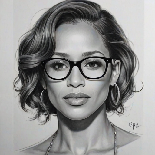Stunning Dania Ramirez, pencil sketch, portrait of Alluring woman 1945s in glasses, hair style beatnik, outline, clear lines, fine lines, 8k