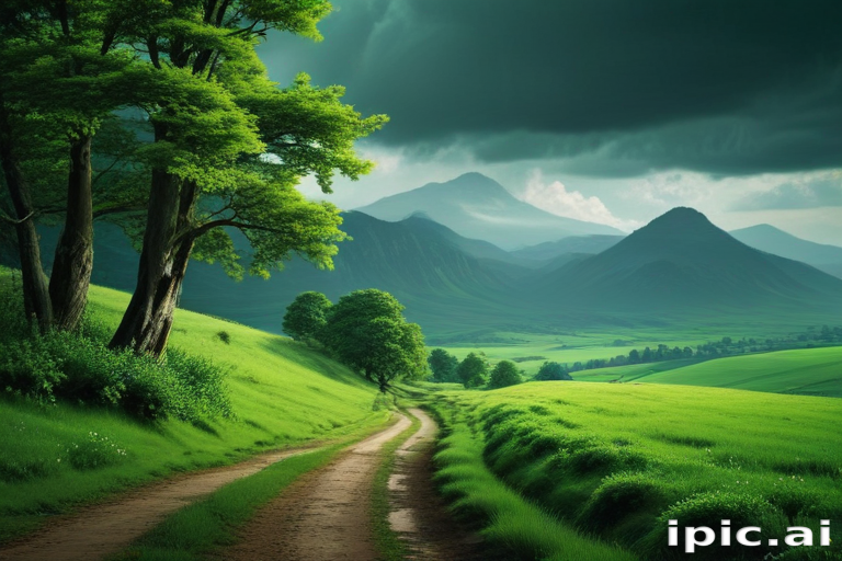 Serene Landscape of Lush Green Hills Under Dramatic Cloudy Sky.