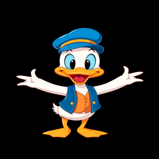 Create a vibrant, cartoon-style illustration of a cheerful duck wearing a blue cap and vest, with outstretched arms, set against a solid black background, using a high-resolution camera with a focal length of 35mm, aperture set to f/8, and a shutter speed of 1/200s, capturing the image in a bright and colorful palette.