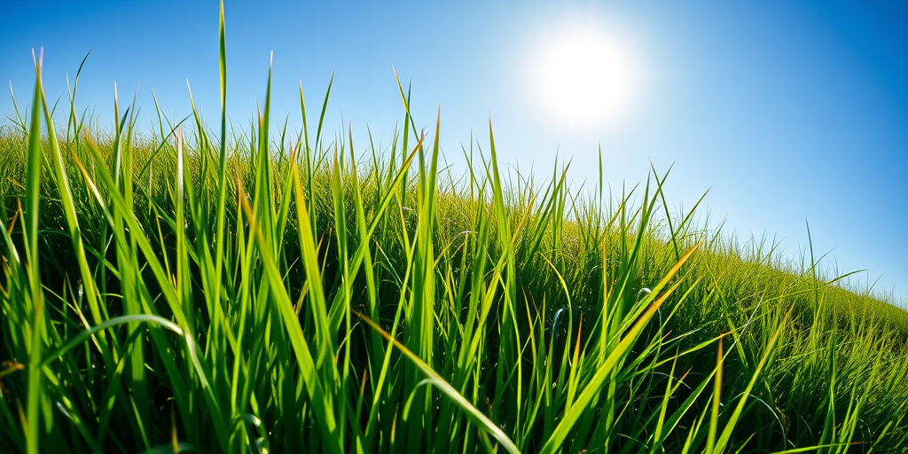 Generate a high-quality image of a vibrant green grass landscape under a clear blue sky with a bright sun, using a DSLR camera with a 35mm lens, aperture f/8, ISO 100, and a wide-angle view for enhanced depth.