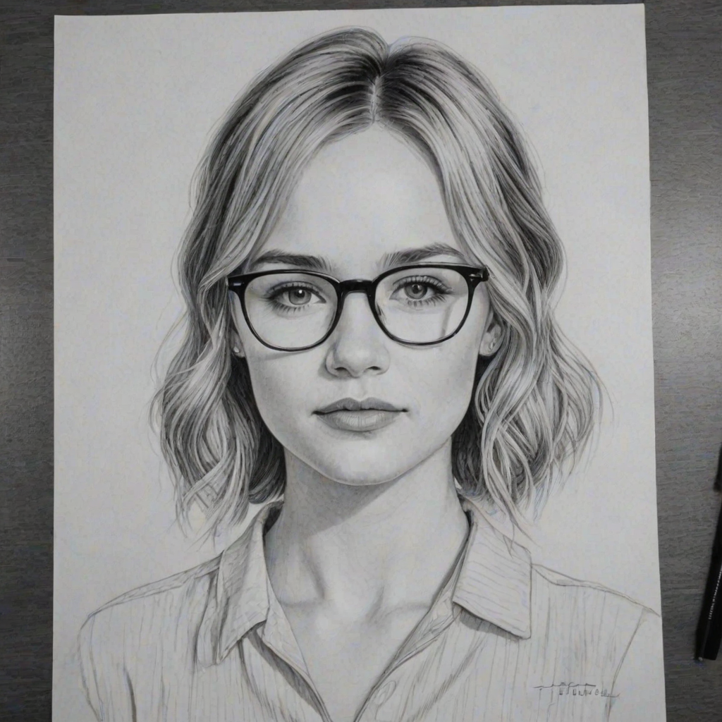 Appealing Britt Robertson, pencil sketch, portrait of Magnificent woman 1927s in glasses, hair style beatnik, outline, clear lines, fine lines, 8k