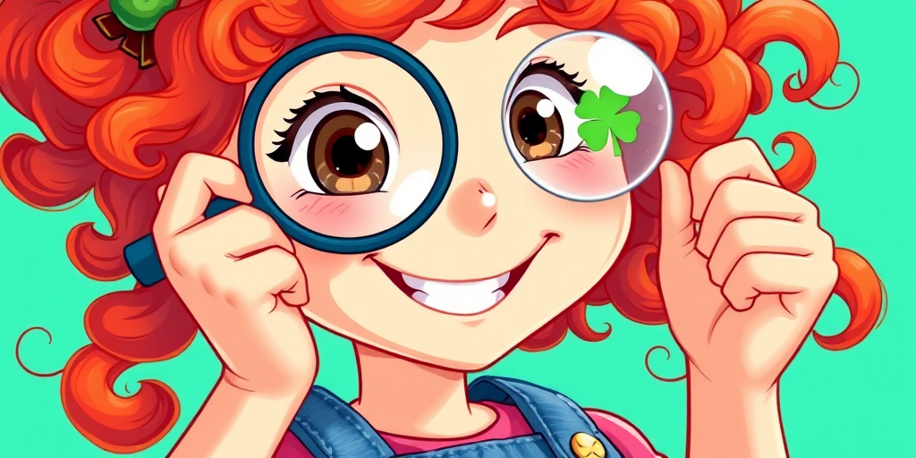 Create a vibrant illustration of a cheerful girl with curly red hair, holding a magnifying glass up to her eye, wearing a pink shirt and denim overalls with a green shamrock, captured in a close-up view, using a digital art style, with high resolution and bright colors.